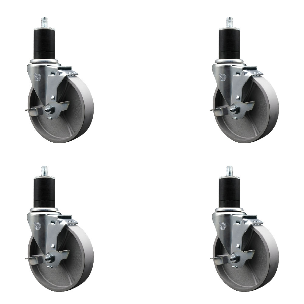 Semi Steel Cast Iron Swivel Expanding Stem Caster Set of 4 with Roller Bearings - 5" x 1.5" Silver Wheels and 1-3/4" Stems - 4 with Top Lock Brakes - 1200 lbs Total Capacity - Service Caster Brand — photo 1