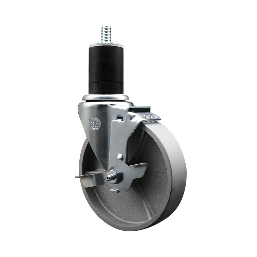 Semi Steel Cast Iron Swivel Expanding Stem Caster w/Roller Bearing - 5" x 1.5" Silver Wheel and 1-3/4" Stem & Top Locking Brake - 300 lbs Capacity/Caster - Service Caster Brand — photo 1