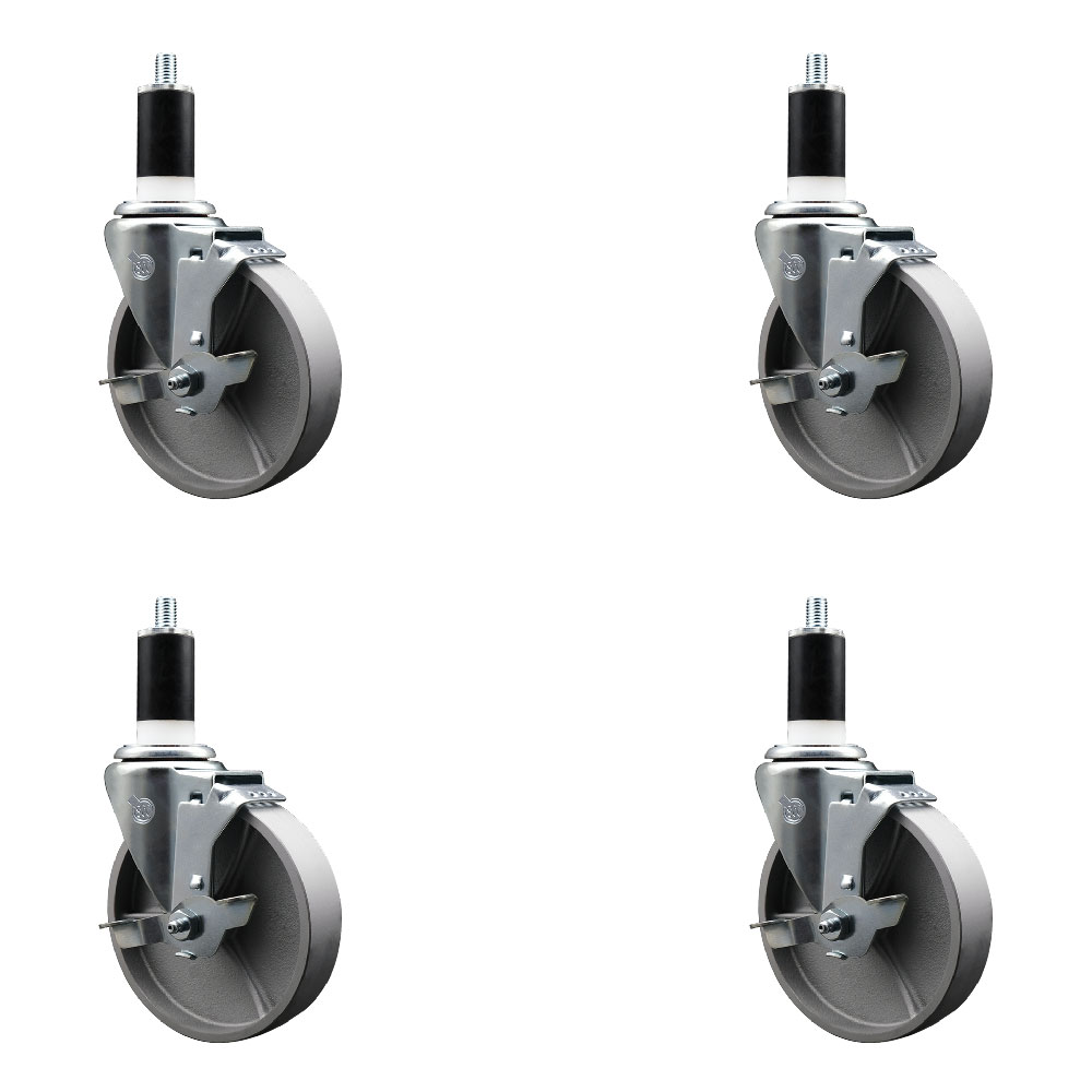 Semi Steel Cast Iron Swivel Expanding Stem Caster Set of 4 with Roller Bearings - 5" x 1.5" Silver Wheels and 1-3/8" Stems - 4 with Top Lock Brakes - 1200 lbs Total Capacity - Service Caster Brand — photo 1