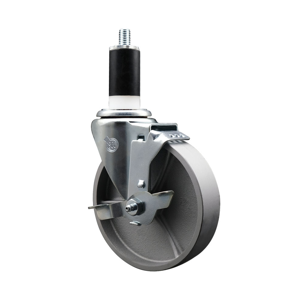 Semi Steel Cast Iron Swivel Expanding Stem Caster w/Roller Bearing - 5" x 1.5" Silver Wheel and 1-3/8" Stem & Top Locking Brake - 300 lbs Capacity/Caster - Service Caster Brand — photo 1