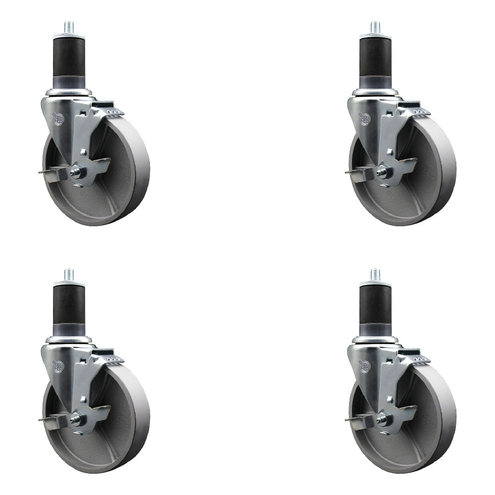 Semi Steel Cast Iron Swivel Expanding Stem Caster Set of 4 with Roller Bearings - 5" x 1.5" Silver Wheels and 1-5/8" Stems - 4 with Top Lock Brakes - 1200 lbs Total Capacity - Service Caster Brand — photo 1