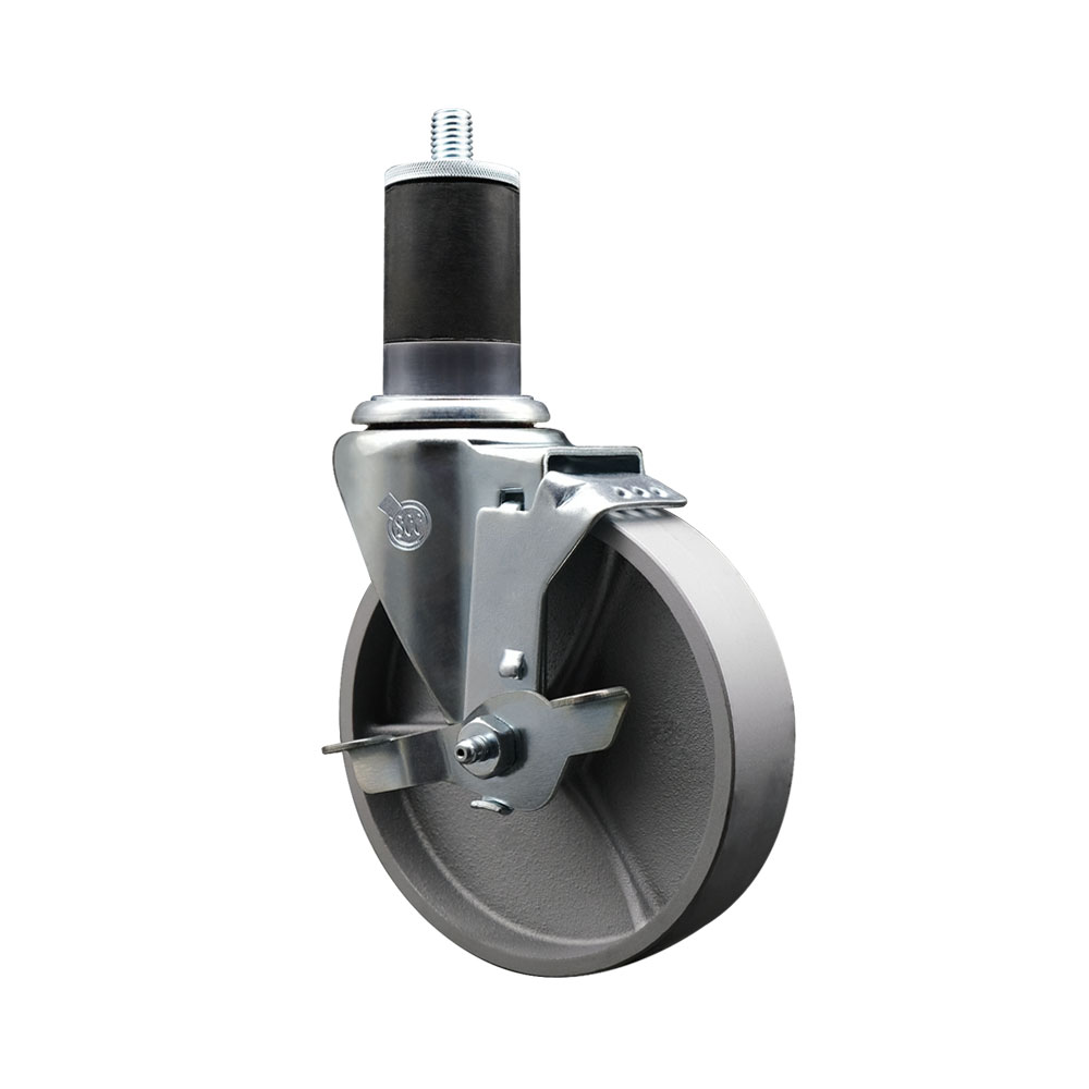 Semi Steel Cast Iron Swivel Expanding Stem Caster w/Roller Bearing - 5" x 1.5" Silver Wheel and 1-5/8" Stem & Top Locking Brake - 300 lbs Capacity/Caster - Service Caster Brand — photo 1