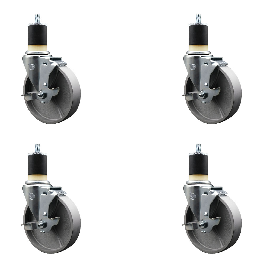 Semi Steel Cast Iron Swivel Expanding Stem Caster Set of 4 with Roller Bearings - 5" x 1.5" Silver Wheels and 1-7/8" Stems - 4 with Top Lock Brakes - 1200 lbs Total Capacity - Service Caster Brand — photo 1