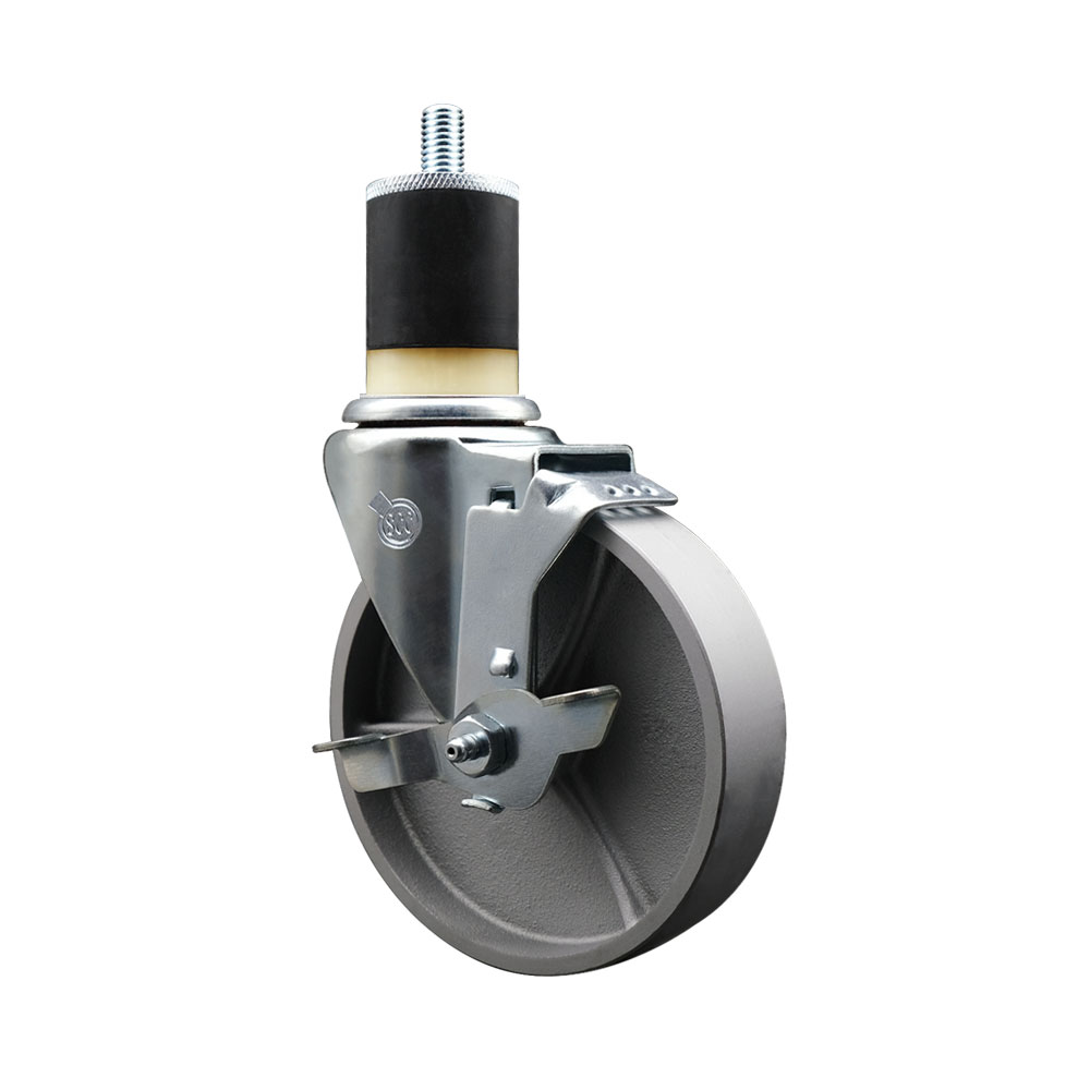 Semi Steel Cast Iron Swivel Expanding Stem Caster w/Roller Bearing - 5" x 1.5" Silver Wheel and 1-7/8" Stem & Top Locking Brake - 300 lbs Capacity/Caster - Service Caster Brand — photo 1