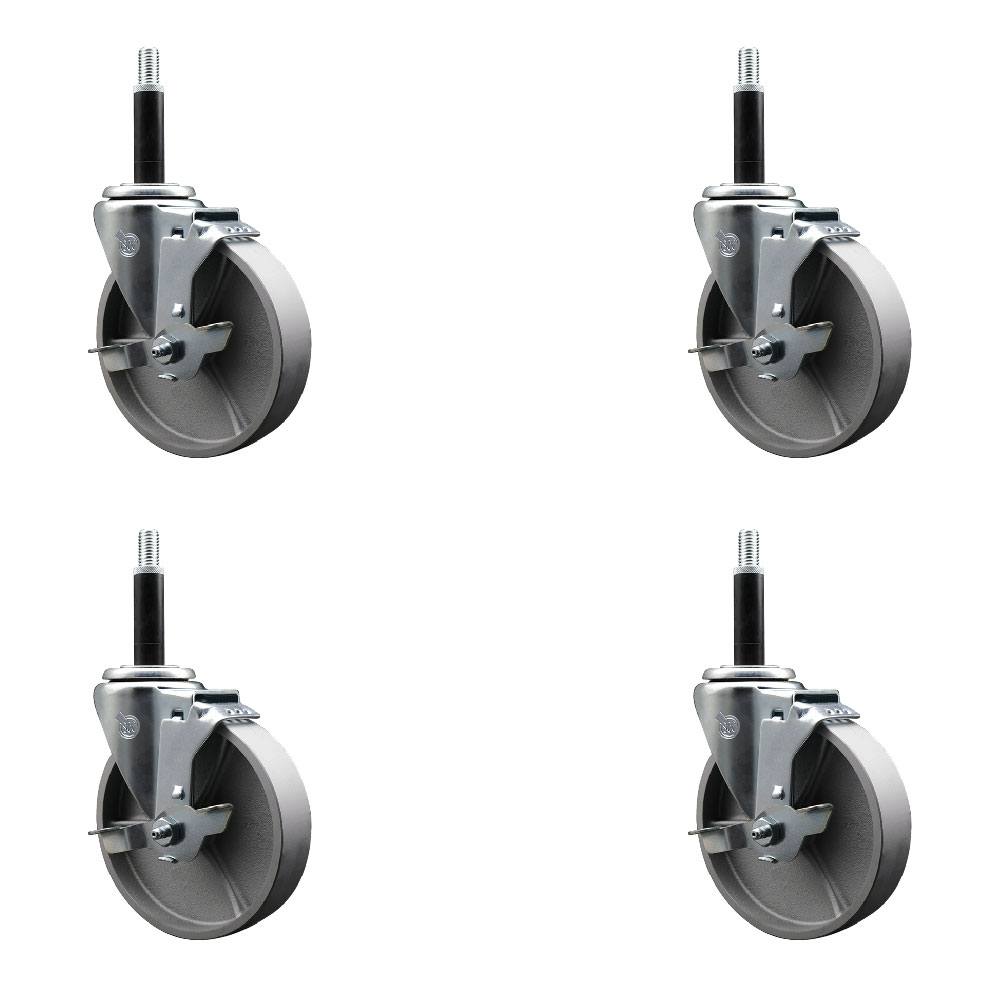 Semi Steel Cast Iron Swivel Expanding Stem Caster Set of 4 with Roller Bearings - 5" x 1.5" Silver Wheels and 3/4" Stems - 4 with Top Lock Brakes - 1200 lbs Total Capacity - Service Caster Brand — photo 1