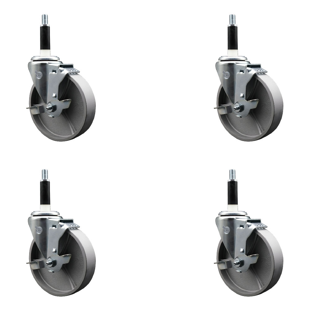 Semi Steel Cast Iron Swivel Expanding Stem Caster Set of 4 with Roller Bearings - 5" x 1.5" Silver Wheels and 7/8" Stems - 4 with Top Lock Brakes - 1200 lbs Total Capacity - Service Caster Brand — photo 1