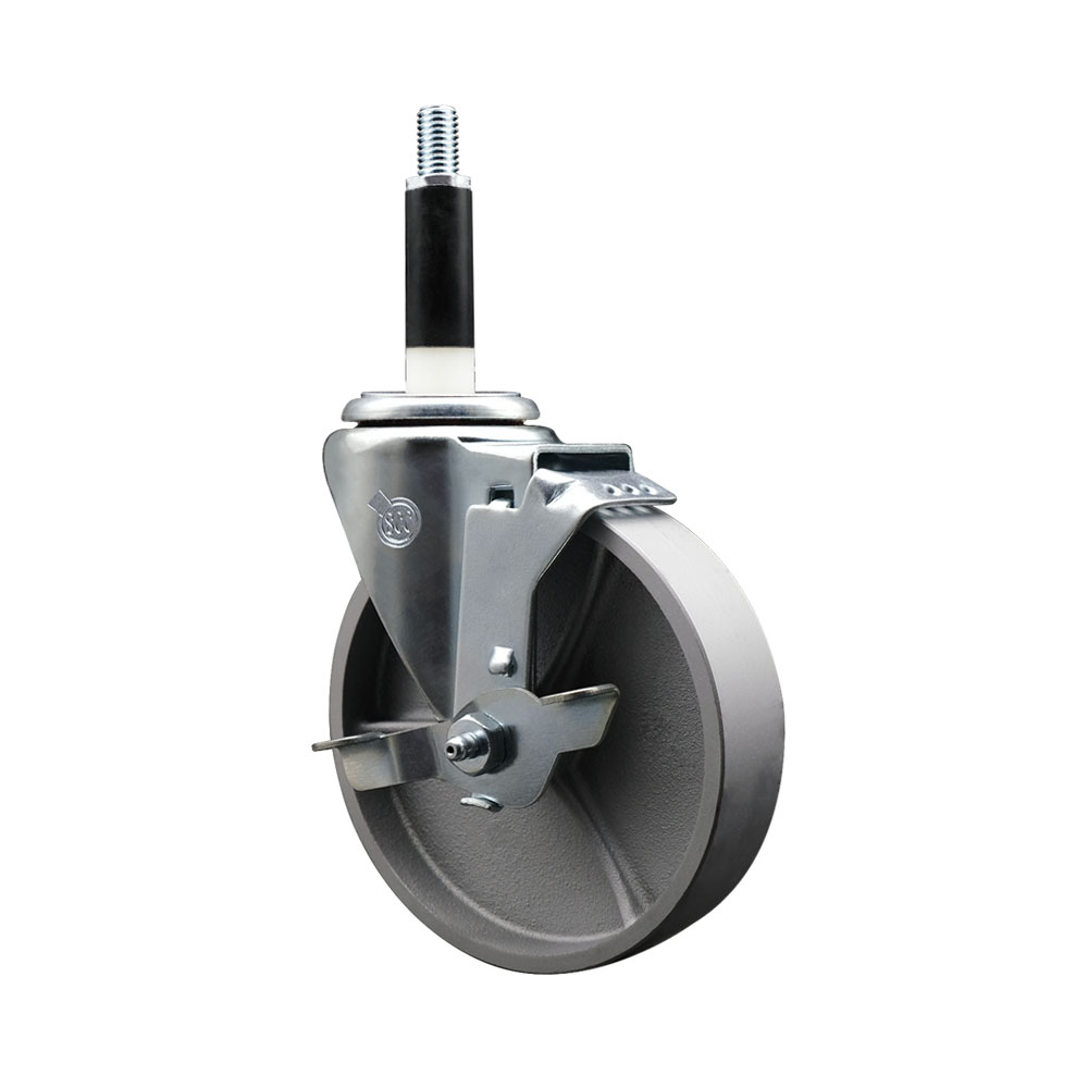 Semi Steel Cast Iron Swivel Expanding Stem Caster w/Roller Bearing - 5" x 1.5" Silver Wheel and 7/8" Stem & Top Locking Brake - 300 lbs Capacity/Caster - Service Caster Brand — photo 1