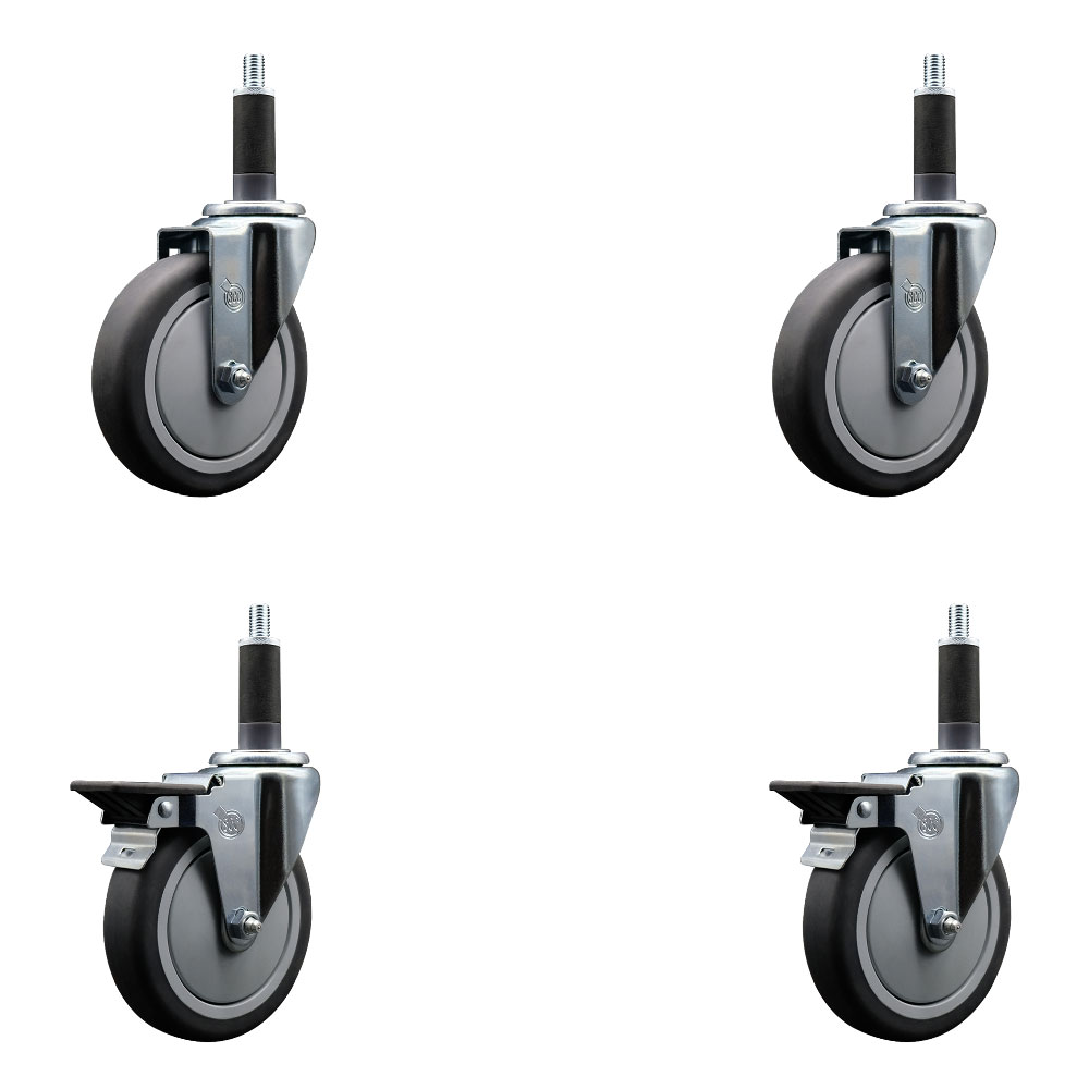 Thermoplastic Rubber Swivel Expanding Stem Caster Set of 4 with 5 Inch Gray Wheels and 1" Stems - Includes 2 with Posi Locking Brakes - 1200 lbs Total Capacity - Service Caster Brand — photo 1