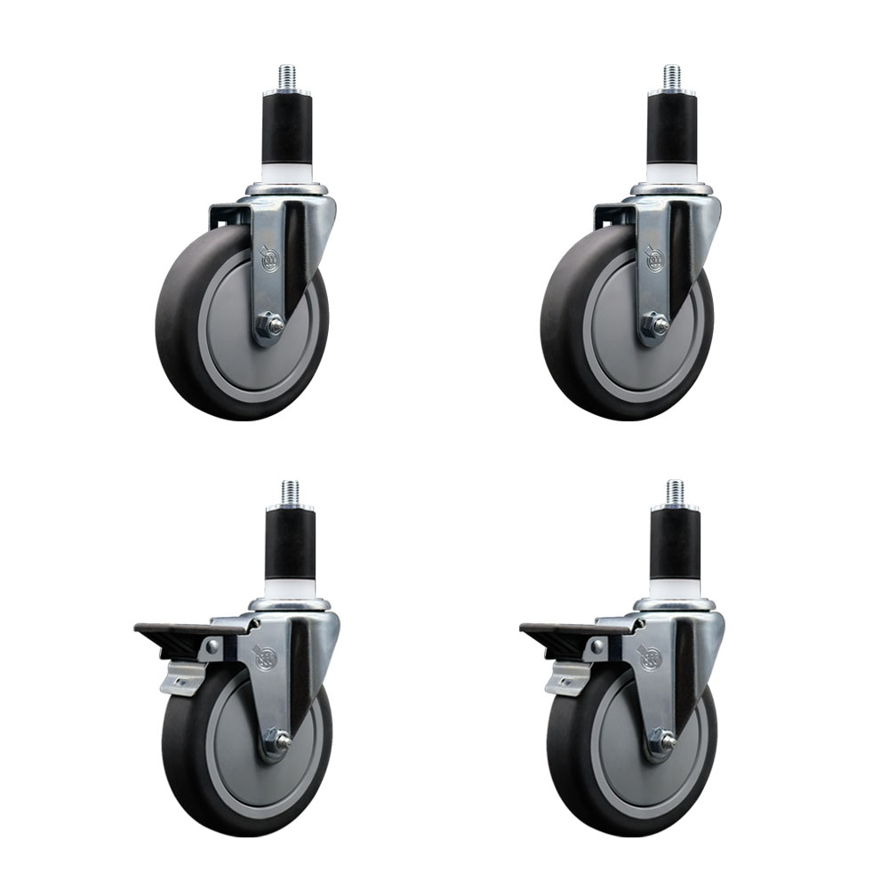 Thermoplastic Rubber Swivel Expanding Stem Caster Set of 4 with 5 Inch Gray Wheels and 1-1/2" Stems - Includes 2 with Posi Locking Brakes - 1200 lbs Total Capacity - Service Caster Brand — photo 1