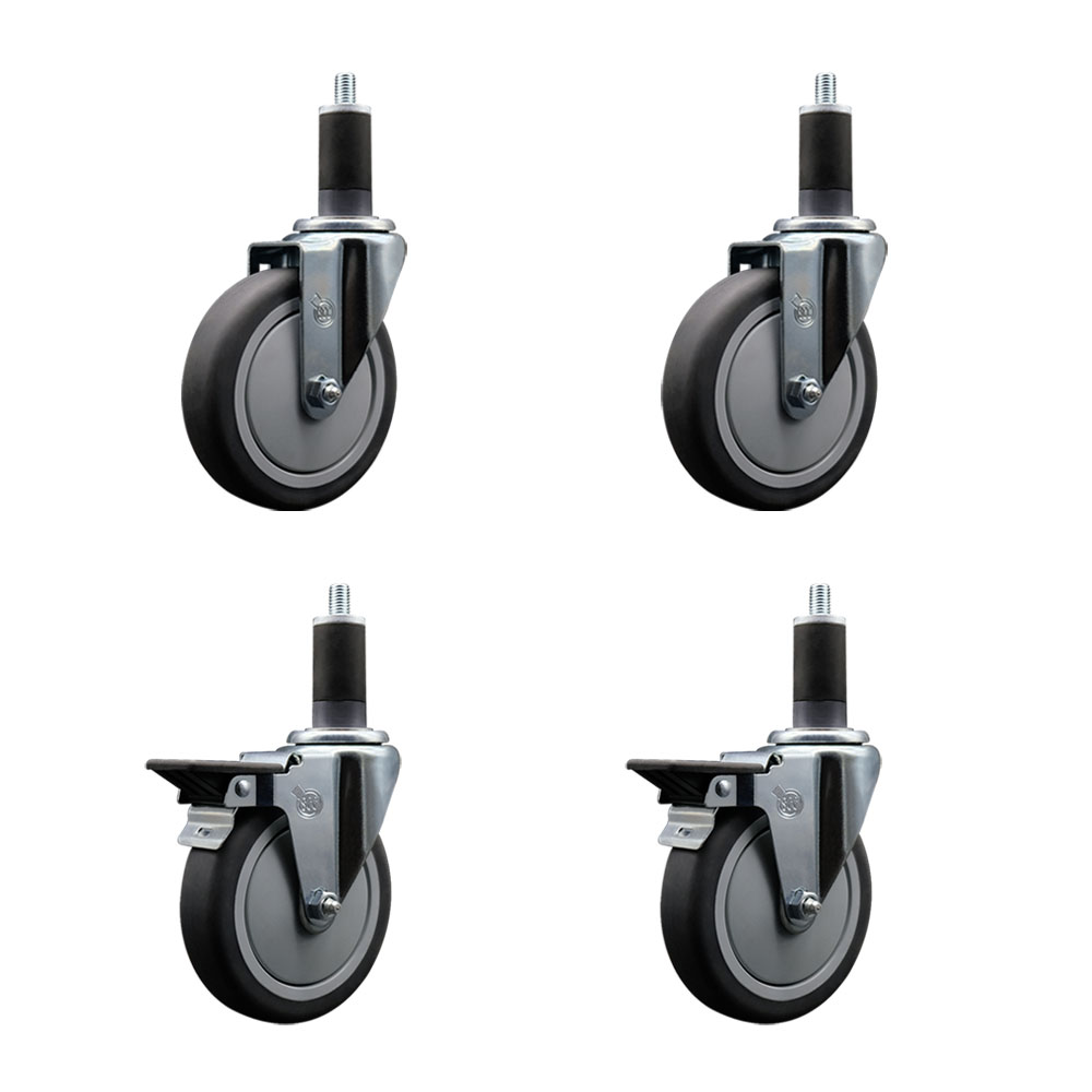 Thermoplastic Rubber Swivel Expanding Stem Caster Set of 4 with 5 Inch Gray Wheels and 1-1/4" Stems - Includes 2 with Posi Locking Brakes - 1200 lbs Total Capacity - Service Caster Brand — photo 1