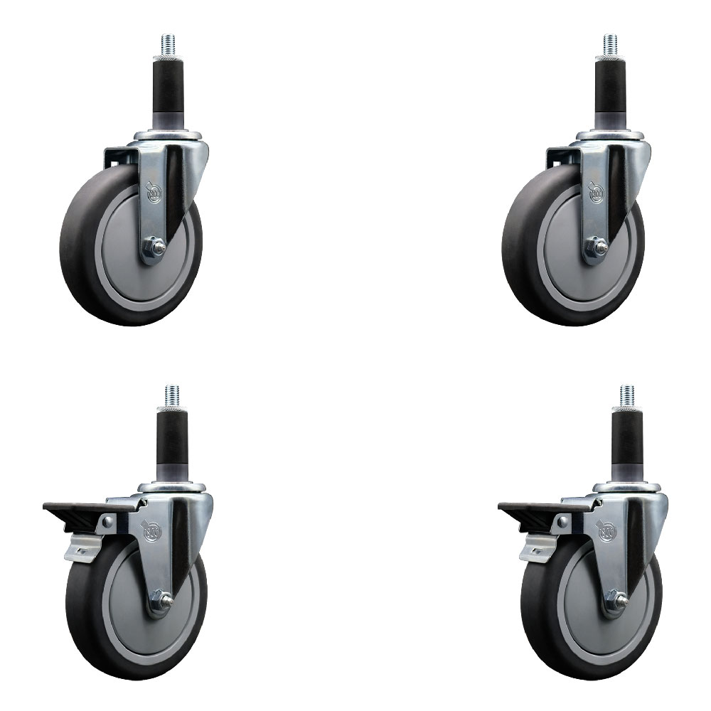 Thermoplastic Rubber Swivel Expanding Stem Caster Set of 4 with 5 Inch Gray Wheels and 1-1/8" Stems - Includes 2 with Posi Locking Brakes - 1200 lbs Total Capacity - Service Caster Brand — photo 1