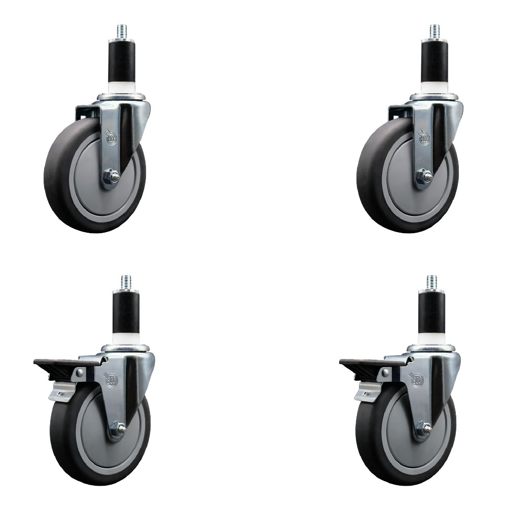 Thermoplastic Rubber Swivel Expanding Stem Caster Set of 4 with 5 Inch Gray Wheels and 1-3/8" Stems - Includes 2 with Posi Locking Brakes - 1200 lbs Total Capacity - Service Caster Brand — photo 1