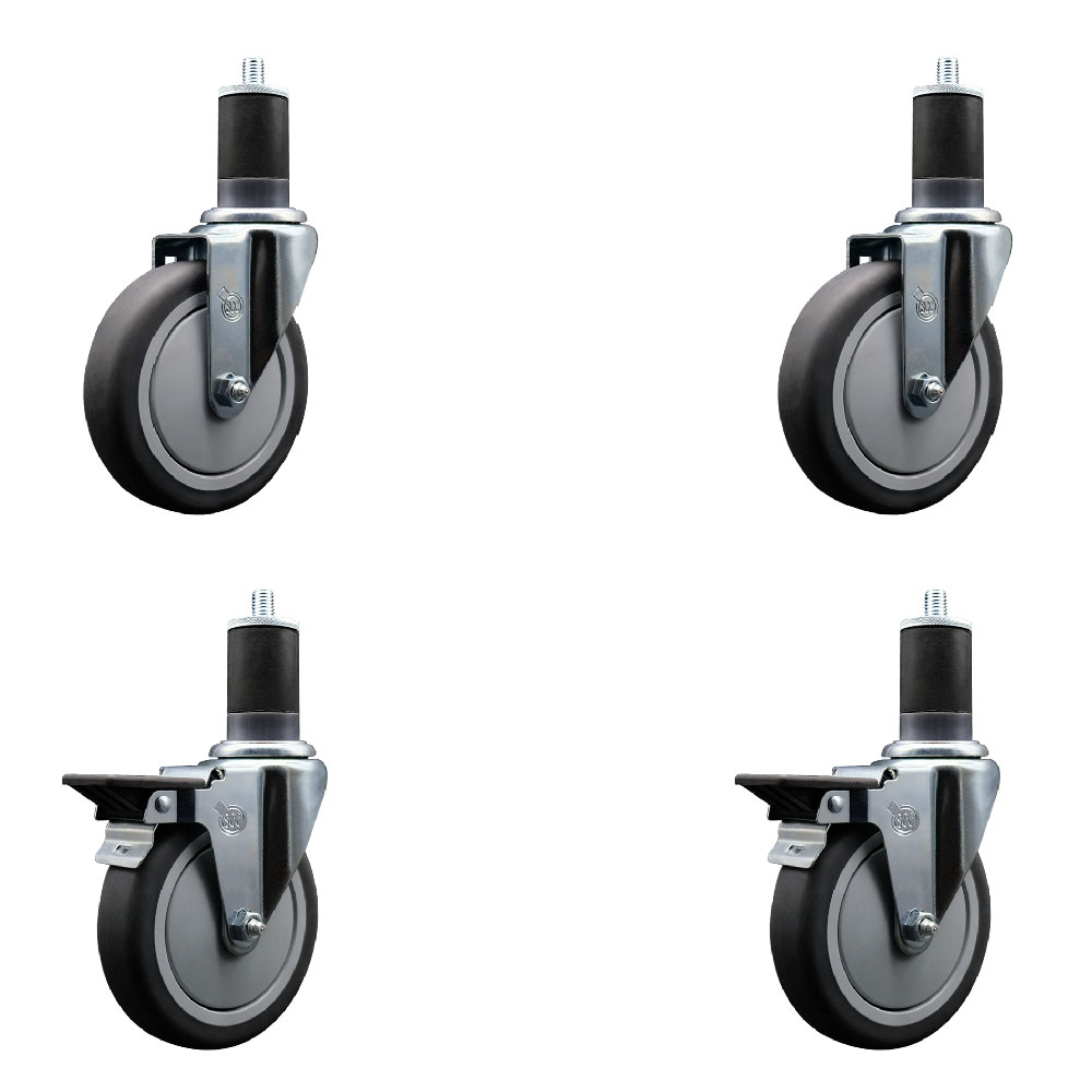 Thermoplastic Rubber Swivel Expanding Stem Caster Set of 4 with 5 Inch Gray Wheels and 1-5/8" Stems - Includes 2 with Posi Locking Brakes - 1200 lbs Total Capacity - Service Caster Brand — photo 1