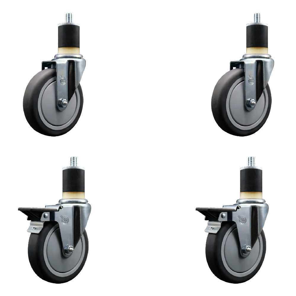 Thermoplastic Rubber Swivel Expanding Stem Caster Set of 4 with 5 Inch Gray Wheels and 1-7/8" Stems - Includes 2 with Posi Locking Brakes - 1200 lbs Total Capacity - Service Caster Brand — photo 1