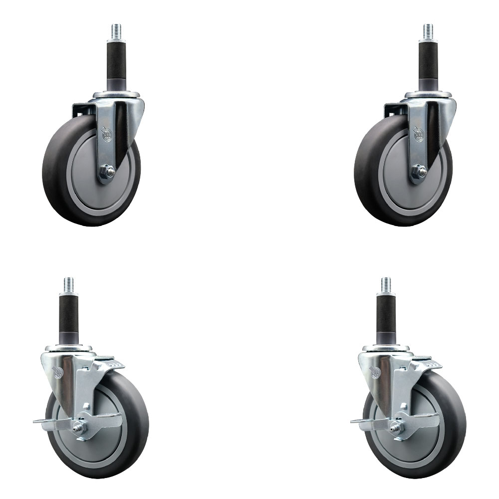 Stainless Steel Thermoplastic Rubber Swivel Expanding Stem Caster Set of 4 with 5 Inch Gray Wheels and 1" Stems - Includes 2 with Top Locking Brakes - 1200 lbs Total Capacity - Service Caster Brand — photo 1