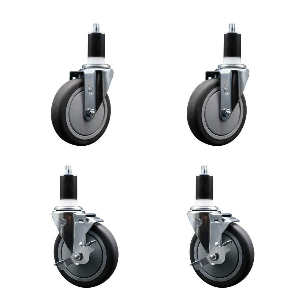 Stainless Steel Thermoplastic Rubber Swivel Expanding Stem Caster Set of 4 with 5 Inch Gray Wheels and 1-1/2" Stems - 2 with Top Locking Brakes - 1200 lbs Total Capacity - Service Caster Brand — photo 1