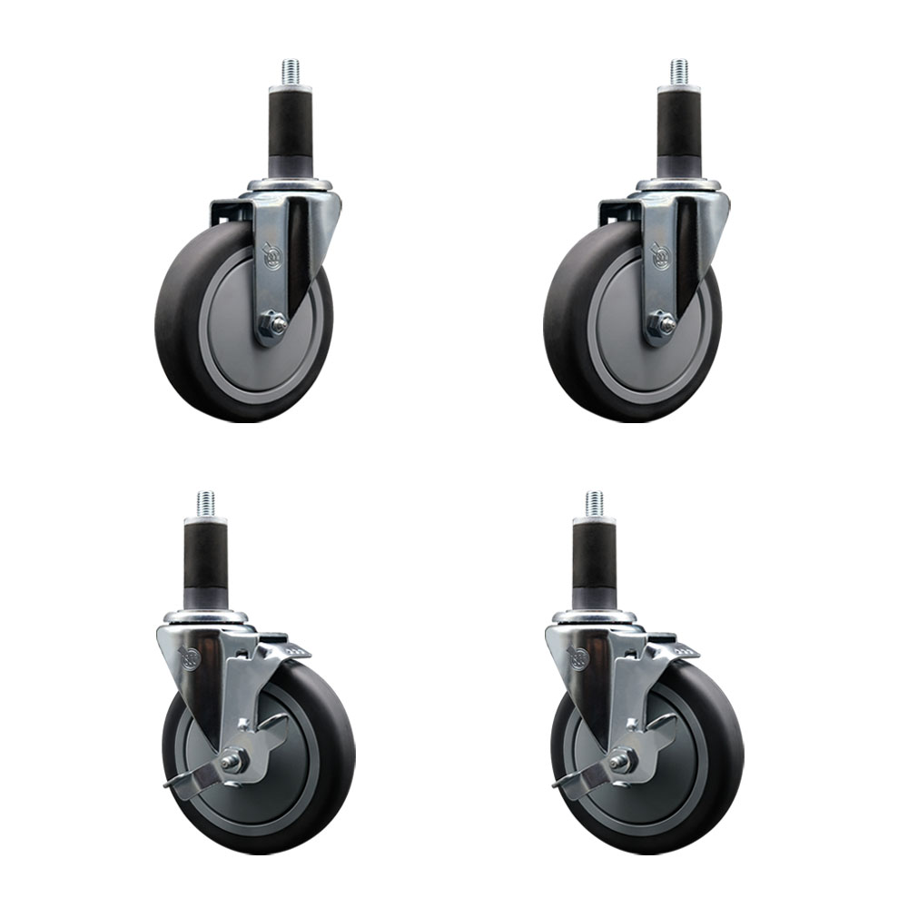 Stainless Steel Thermoplastic Rubber Swivel Expanding Stem Caster Set of 4 with 5 Inch Gray Wheels and 1-1/4" Stems - 2 with Top Locking Brakes - 1200 lbs Total Capacity - Service Caster Brand — photo 1