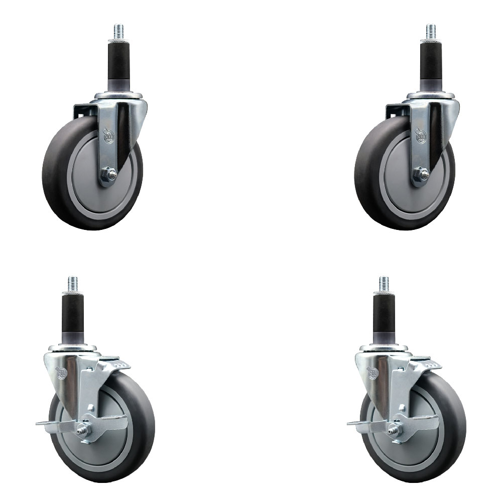 Stainless Steel Thermoplastic Rubber Swivel Expanding Stem Caster Set of 4 with 5 Inch Gray Wheels and 1-1/8" Stems - 2 with Top Locking Brakes - 1200 lbs Total Capacity - Service Caster Brand — photo 1