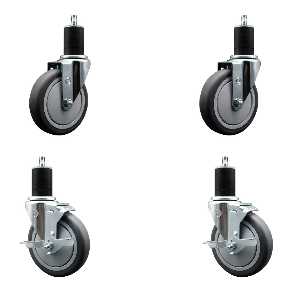Stainless Steel Thermoplastic Rubber Swivel Expanding Stem Caster Set of 4 with 5 Inch Gray Wheels and 1-3/4" Stems - 2 with Top Locking Brakes - 1200 lbs Total Capacity - Service Caster Brand — photo 1