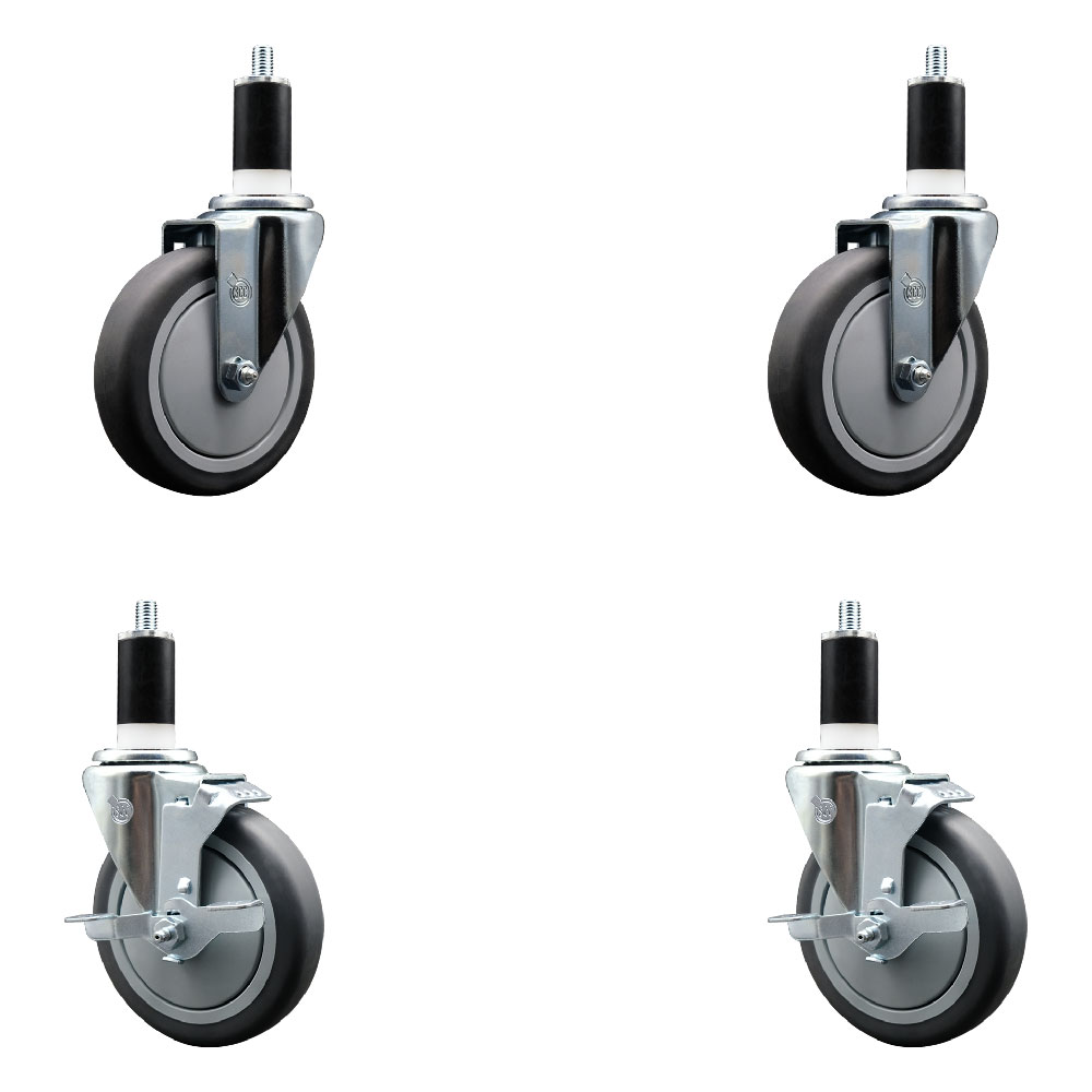 Stainless Steel Thermoplastic Rubber Swivel Expanding Stem Caster Set of 4 with 5 Inch Gray Wheels and 1-3/8" Stems - 2 with Top Locking Brakes - 1200 lbs Total Capacity - Service Caster Brand — photo 1