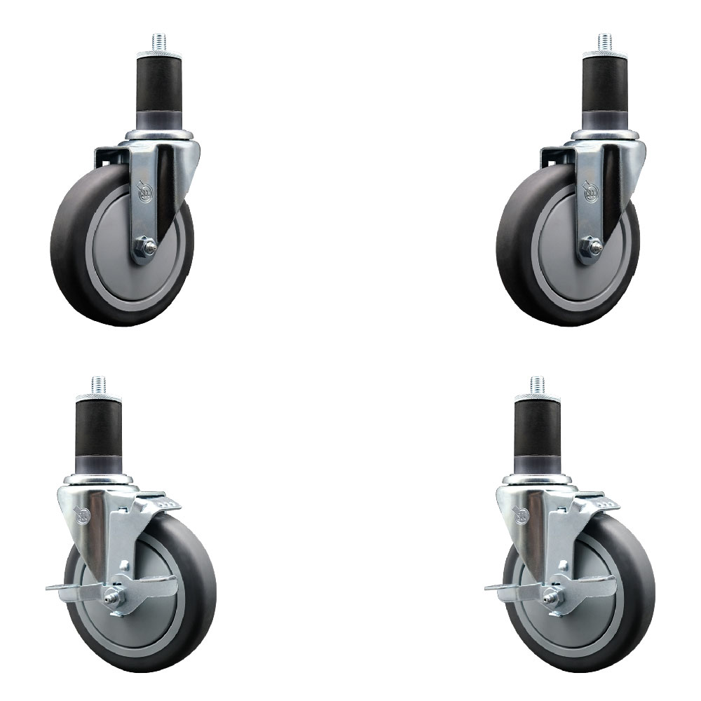 Stainless Steel Thermoplastic Rubber Swivel Expanding Stem Caster Set of 4 with 5 Inch Gray Wheels and 1-5/8" Stems - 2 with Top Locking Brakes - 1200 lbs Total Capacity - Service Caster Brand — photo 1