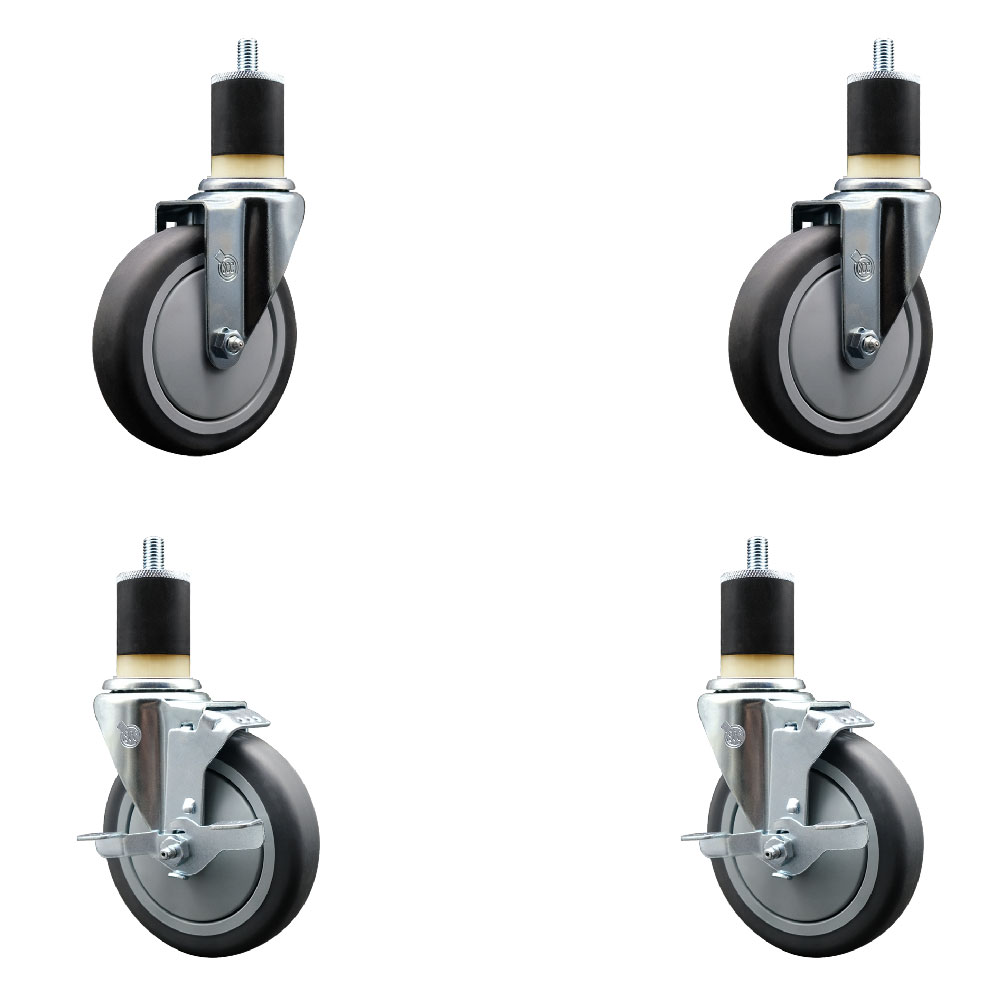 Stainless Steel Thermoplastic Rubber Swivel Expanding Stem Caster Set of 4 with 5 Inch Gray Wheels and 1-7/8" Stems - 2 with Top Locking Brakes - 1200 lbs Total Capacity - Service Caster Brand — photo 1