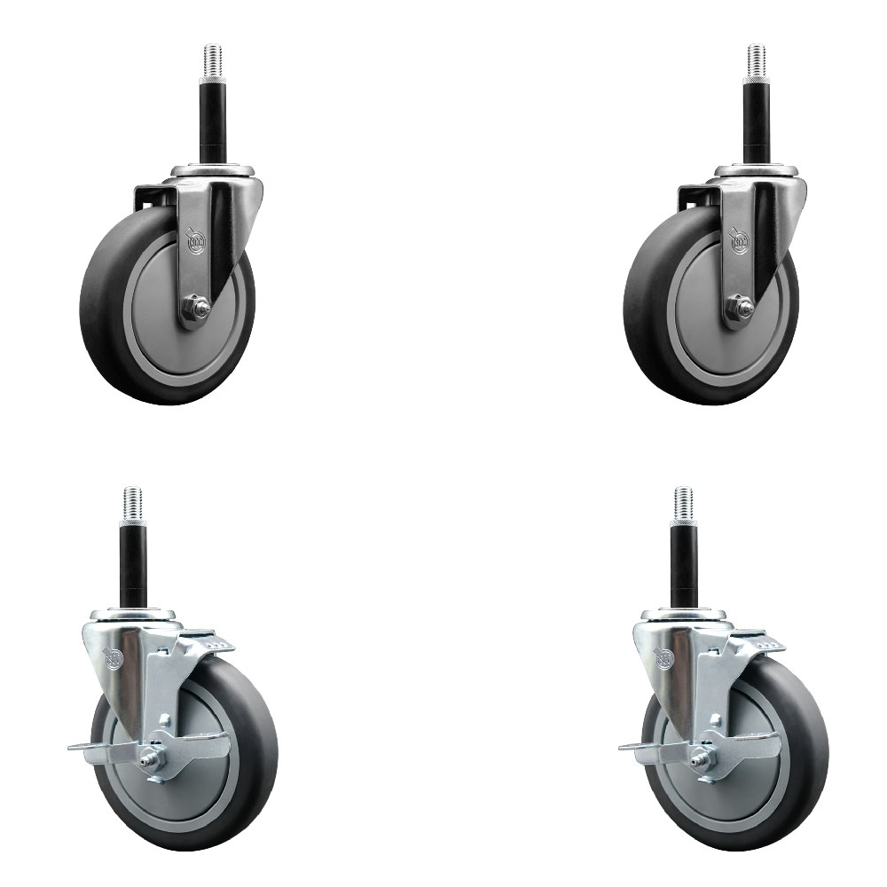 Stainless Steel Thermoplastic Rubber Swivel Expanding Stem Caster Set of 4 with 5 Inch Gray Wheels and 3/4" Stems - Includes 2 with Top Locking Brakes - 1200 lbs Total Capacity - Service Caster Brand — photo 1