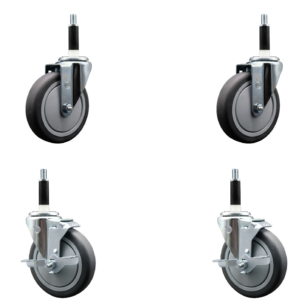 Stainless Steel Thermoplastic Rubber Swivel Expanding Stem Caster Set of 4 with 5 Inch Gray Wheels and 7/8" Stems - Includes 2 with Top Locking Brakes - 1200 lbs Total Capacity - Service Caster Brand — photo 1