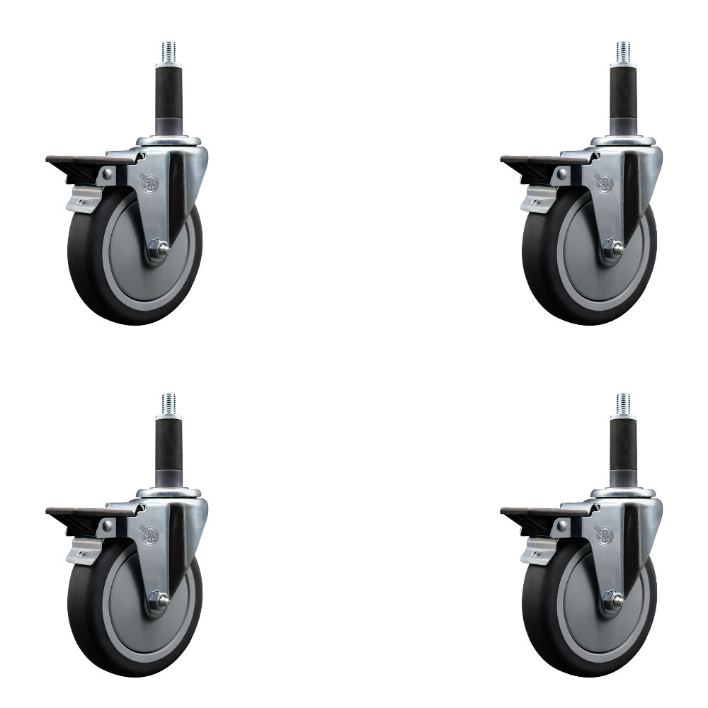 Thermoplastic Rubber Swivel Expanding Stem Caster Set of 4 with 5 Inch Gray Wheels and 1" Stems - Includes 4 Swivel with Posi Locking Brakes - 300 lbs. Capacity Per Caster - Service Caster Brand — photo 1