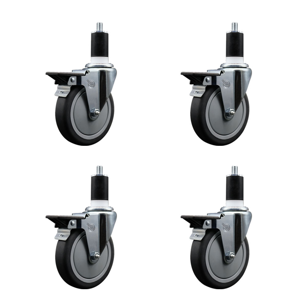 Thermoplastic Rubber Swivel Expanding Stem Caster Set of 4 with 5 Inch Gray Wheels and 1-1/2" Stems - Includes 4 Swivel with Posi Locking Brakes - 300 lbs. Capacity Per Caster - Service Caster Brand — photo 1