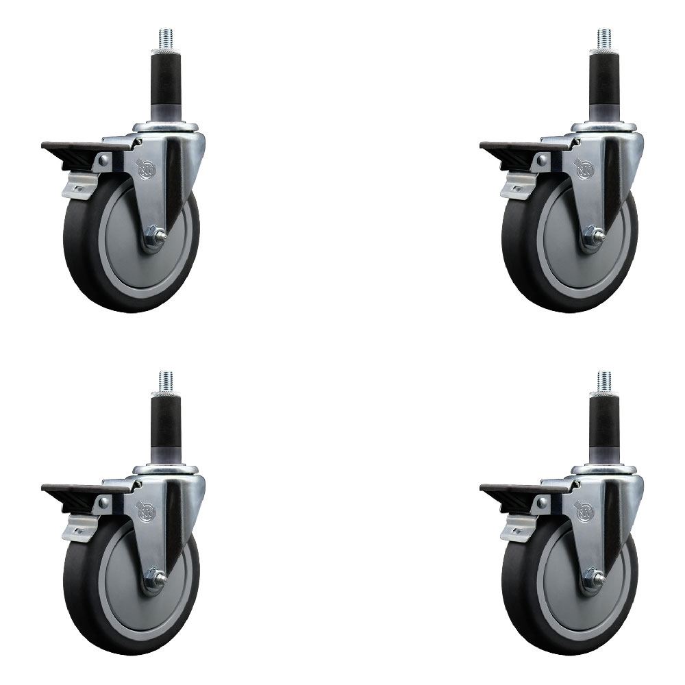 Thermoplastic Rubber Swivel Expanding Stem Caster Set of 4 with 5 Inch Gray Wheels and 1-1/8" Stems - Includes 4 Swivel with Posi Locking Brakes - 300 lbs. Capacity Per Caster - Service Caster Brand — photo 1