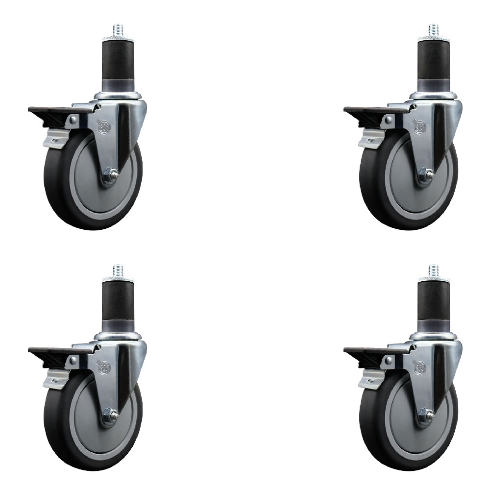 Thermoplastic Rubber Swivel Expanding Stem Caster Set of 4 with 5 Inch Gray Wheels and 1-5/8" Stems - Includes 4 Swivel with Posi Locking Brakes - 300 lbs. Capacity Per Caster - Service Caster Brand — photo 1