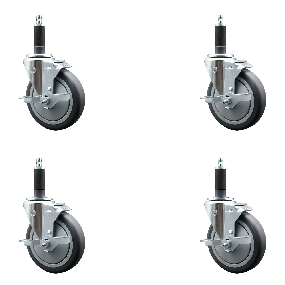 Stainless Steel Thermoplastic Rubber Swivel Expanding Stem Caster Set of 4 with 5 Inch Gray Wheels and 1" Stems - 4 Swivel with Top Locking Brakes - 300 lbs. Capacity Per Caster - Service Caster Brand — photo 1