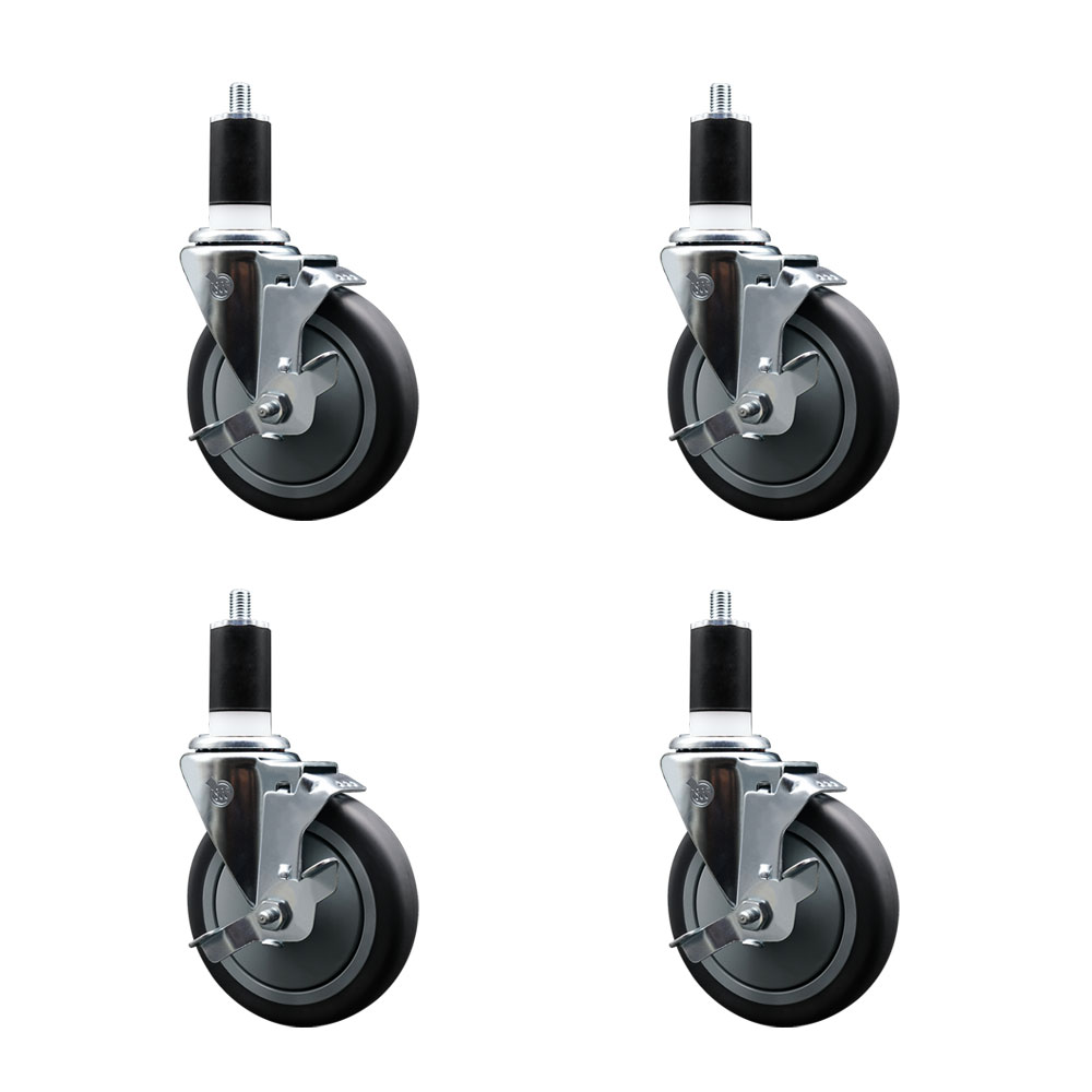 Thermoplastic Rubber Swivel Expanding Stem Caster Set of 4 with 5 Inch Gray Wheels and 1-1/2" Stems - Includes 4 Swivel with Top Locking Brakes - 300 lbs. Capacity Per Caster - Service Caster Brand — photo 1