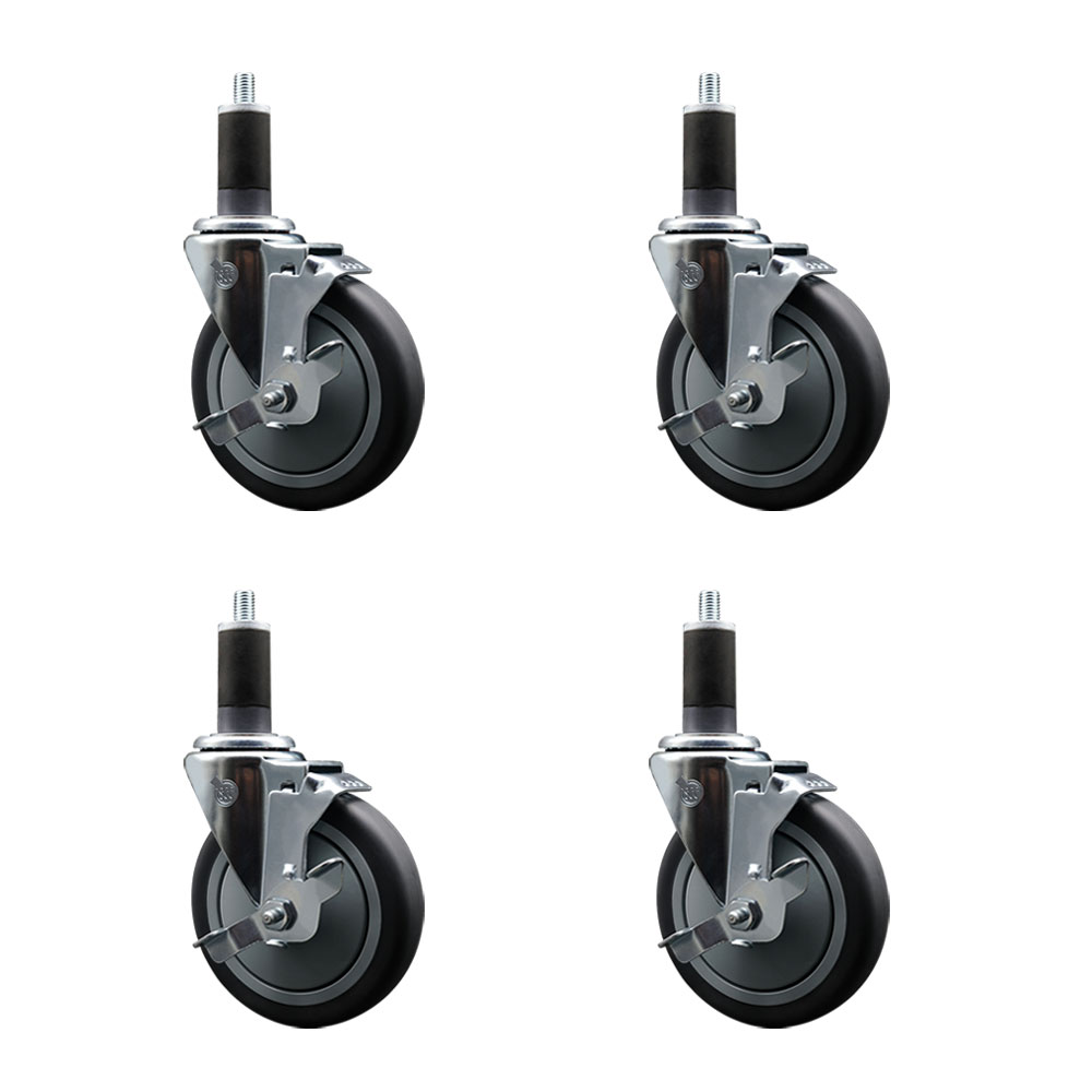 Stainless Steel Thermoplastic Rubber Swivel Expanding Stem Caster Set of 4 with 5 Inch Gray Wheels and 1-1/4" Stems-4 Swivel with Top Locking Brakes-300 lbs. Capacity Per Caster-Service Caster Brand — photo 1