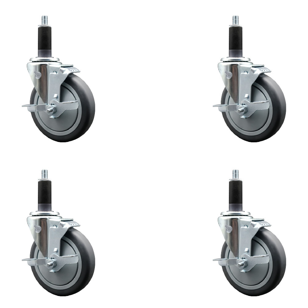 Stainless Steel Thermoplastic Rubber Swivel Expanding Stem Caster Set of 4 with 5 Inch Gray Wheels and 1-1/8" Stems-4 Swivel with Top Locking Brakes-300 lbs. Capacity Per Caster-Service Caster Brand — photo 1