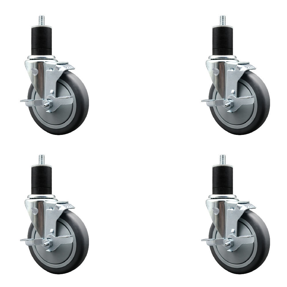 Stainless Steel Thermoplastic Rubber Swivel Expanding Stem Caster Set of 4 with 5 Inch Gray Wheels and 1-3/4" Stems-4 Swivel with Top Locking Brakes-300 lbs. Capacity Per Caster-Service Caster Brand — photo 1