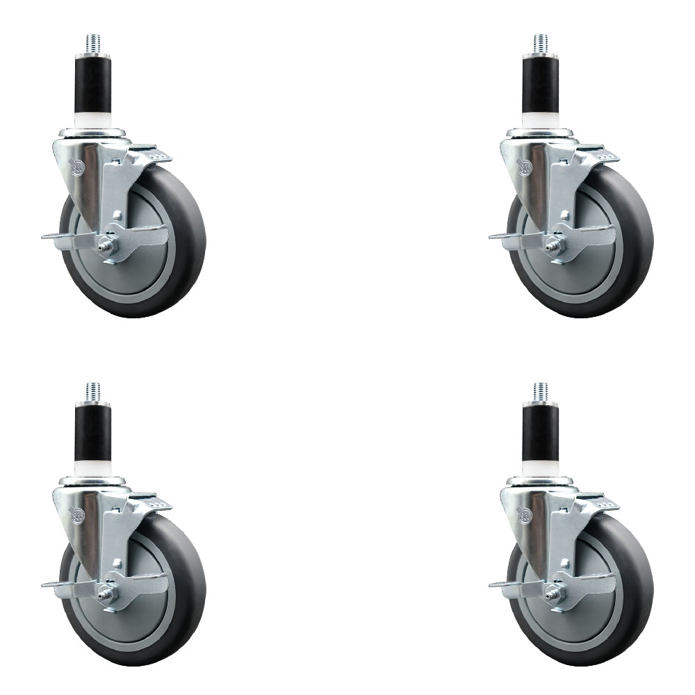 Stainless Steel Thermoplastic Rubber Swivel Expanding Stem Caster Set of 4 with 5 Inch Gray Wheels and 1-3/8" Stems-4 Swivel with Top Locking Brakes-300 lbs. Capacity Per Caster-Service Caster Brand — photo 1