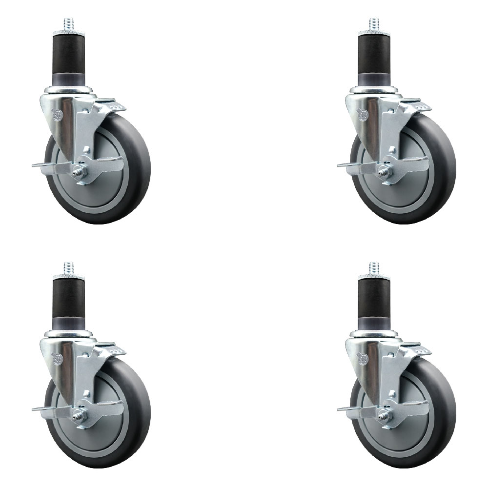 Stainless Steel Thermoplastic Rubber Swivel Expanding Stem Caster Set of 4 with 5 Inch Gray Wheels and 1-5/8" Stems-4 Swivel with Top Locking Brakes-300 lbs. Capacity Per Caster-Service Caster Brand — photo 1