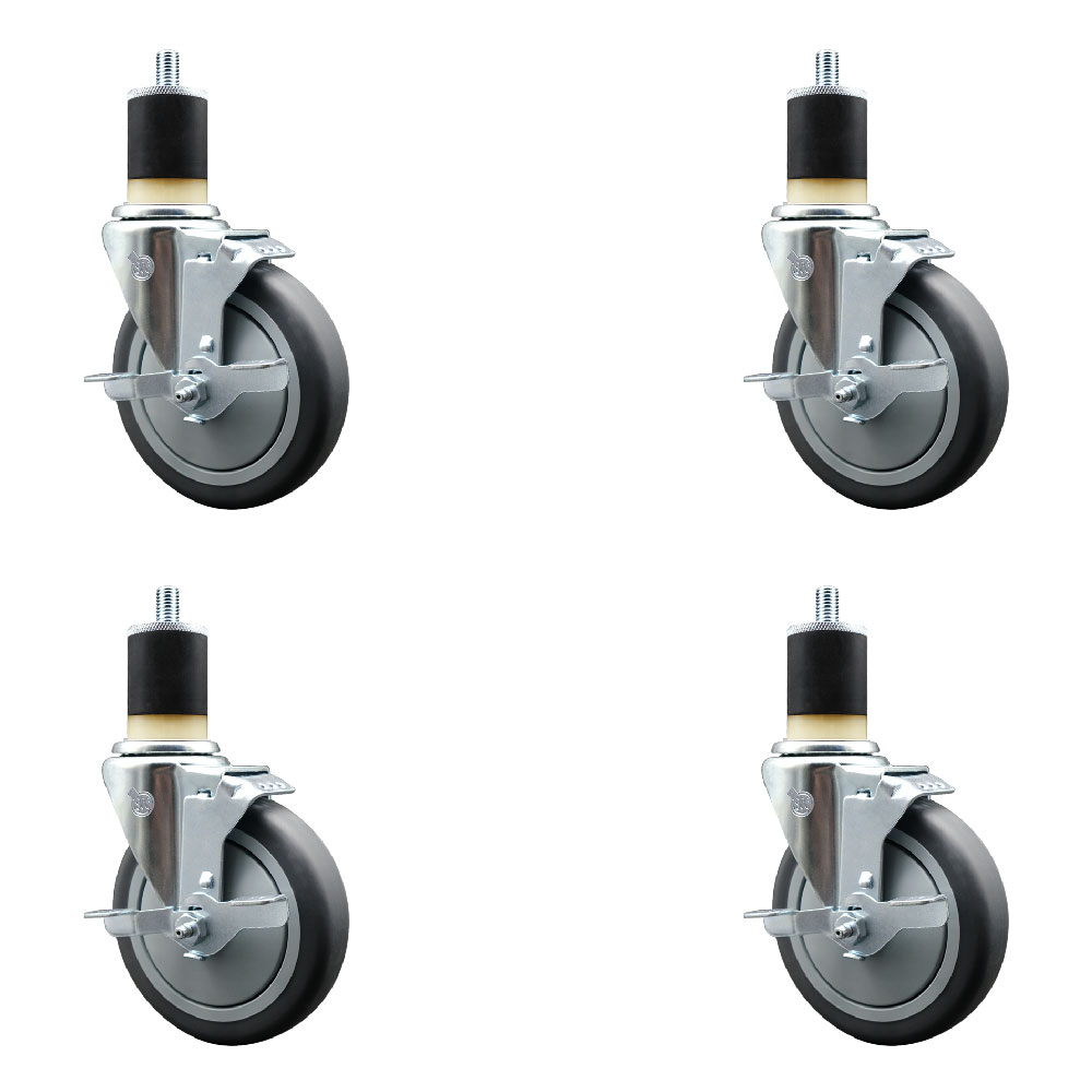 Stainless Steel Thermoplastic Rubber Swivel Expanding Stem Caster Set of 4 with 5 Inch Gray Wheels and 1-7/8" Stems-4 Swivel with Top Locking Brakes-300 lbs. Capacity Per Caster-Service Caster Brand — photo 1
