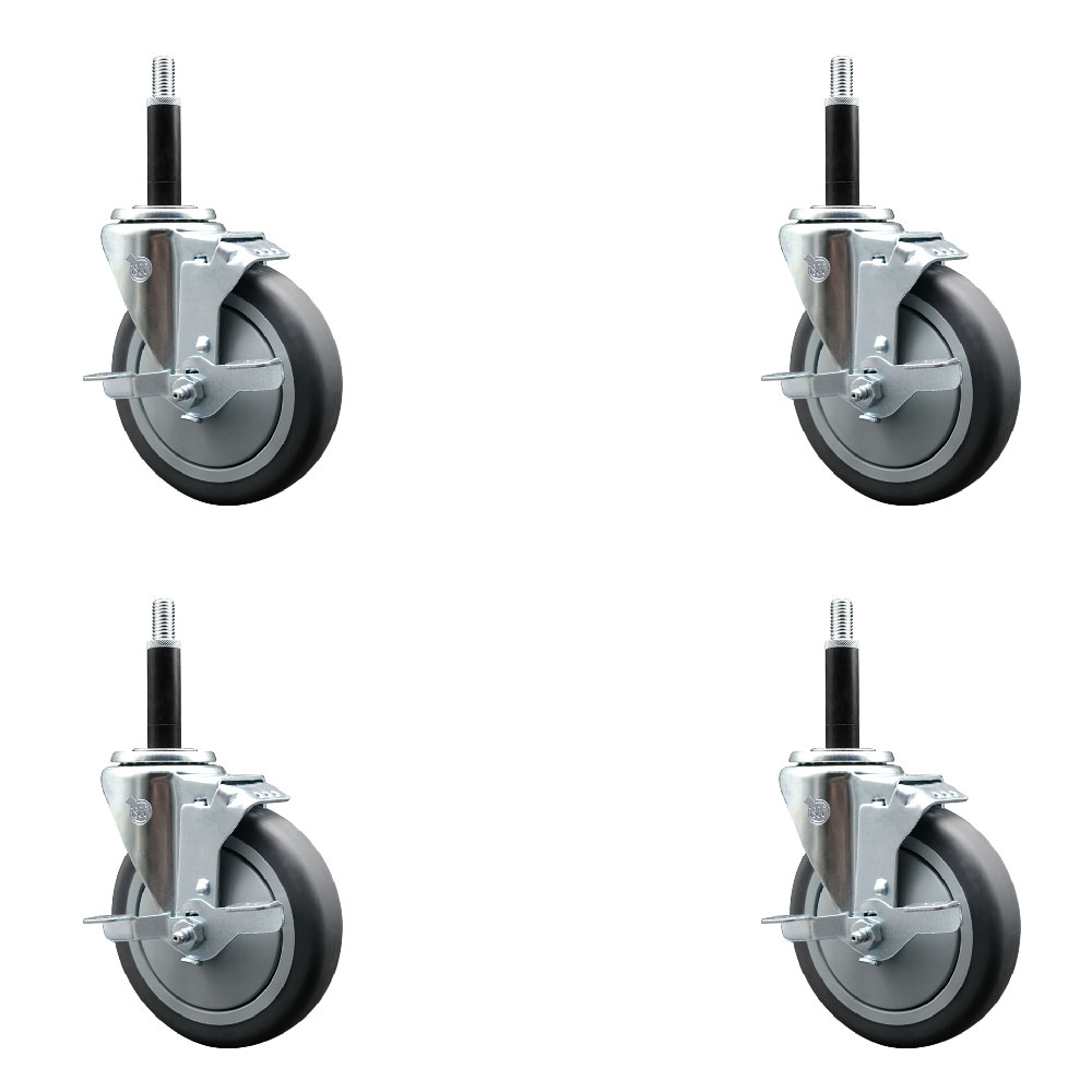 Stainless Steel Thermoplastic Rubber Swivel Expanding Stem Caster Set of 4 with 5 Inch Gray Wheels and 3/4" Stems-4 Swivel with Top Locking Brakes-300 lbs. Capacity Per Caster-Service Caster Brand — photo 1