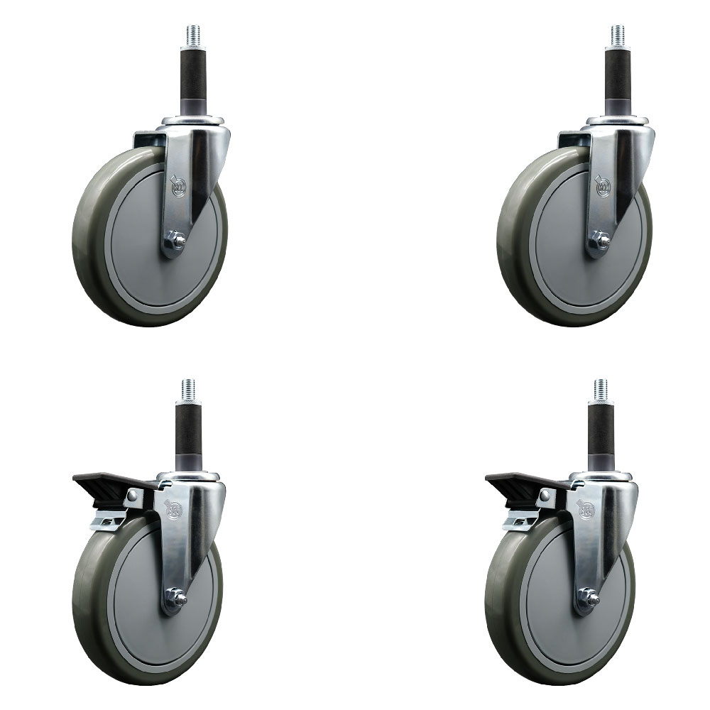 Polyurethane Swivel Expanding Stem Caster Set of 4 with 6 Inch Gray Wheels and 1" Stems - Includes 2 with Posi Locking Brakes - 1400 lbs Total Capacity - Service Caster Brand — photo 1