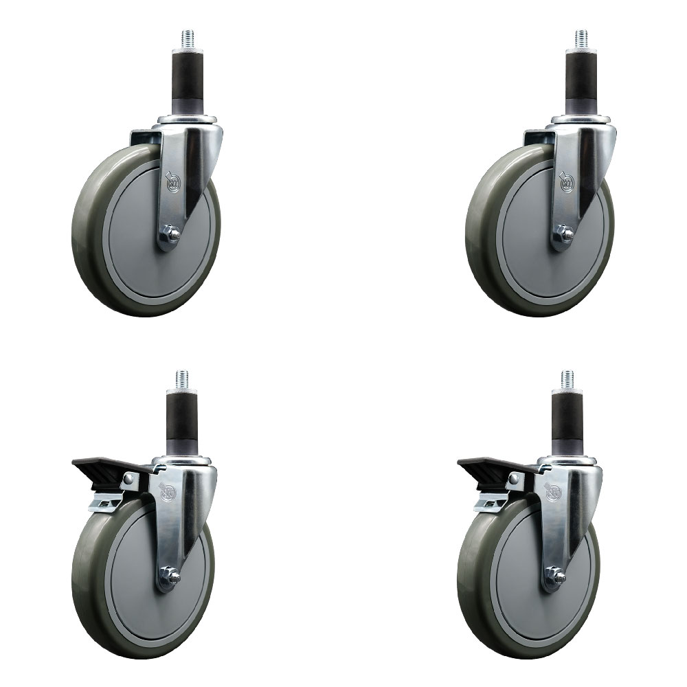 Polyurethane Swivel Expanding Stem Caster Set of 4 with 6 Inch Gray Wheels and 1-1/4" Stems - Includes 2 with Posi Locking Brakes - 1400 lbs Total Capacity - Service Caster Brand — photo 1