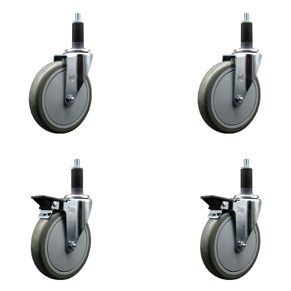 Polyurethane Swivel Expanding Stem Caster Set of 4 with 6 Inch Gray Wheels and 1-1/8" Stems - Includes 2 with Posi Locking Brakes - 1400 lbs Total Capacity - Service Caster Brand — photo 1