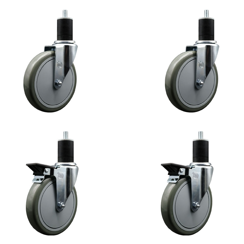 Polyurethane Swivel Expanding Stem Caster Set of 4 with 6 Inch Gray Wheels and 1-3/4" Stems - Includes 2 with Posi Locking Brakes - 1400 lbs Total Capacity - Service Caster Brand — photo 1