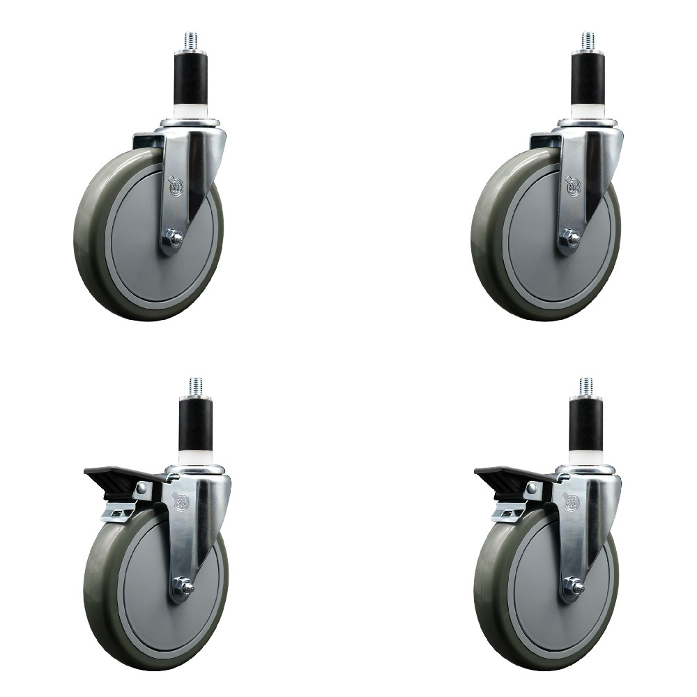 Polyurethane Swivel Expanding Stem Caster Set of 4 with 6 Inch Gray Wheels and 1-3/8" Stems - Includes 2 with Posi Locking Brakes - 1400 lbs Total Capacity - Service Caster Brand — photo 1