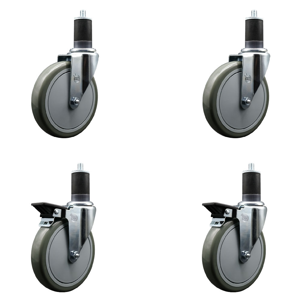 Polyurethane Swivel Expanding Stem Caster Set of 4 with 6 Inch Gray Wheels and 1-5/8" Stems - Includes 2 with Posi Locking Brakes - 1400 lbs Total Capacity - Service Caster Brand — photo 1