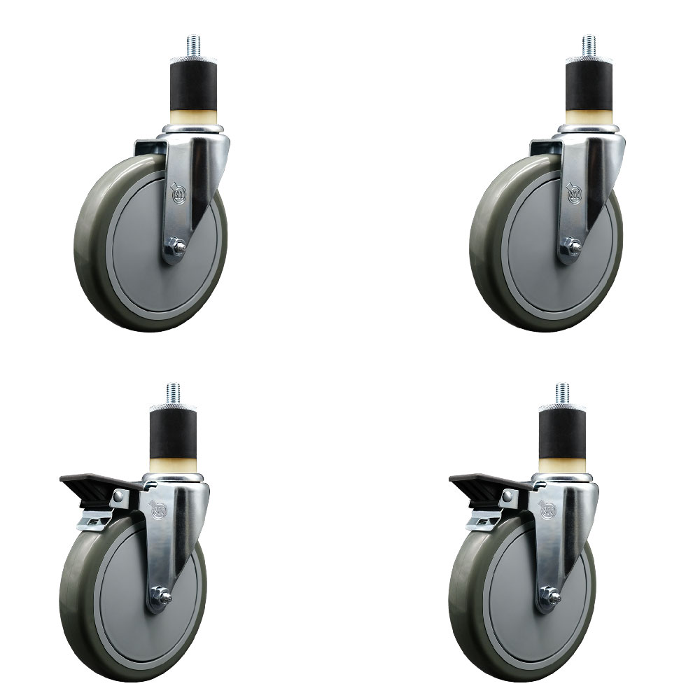 Polyurethane Swivel Expanding Stem Caster Set of 4 with 6 Inch Gray Wheels and 1-7/8" Stems - Includes 2 with Posi Locking Brakes - 1400 lbs Total Capacity - Service Caster Brand — photo 1