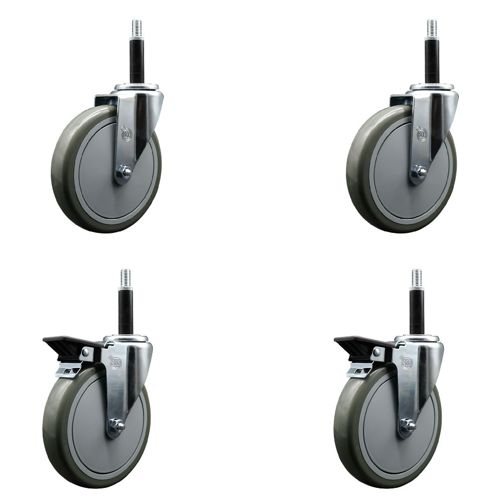 Polyurethane Swivel Expanding Stem Caster Set of 4 with 6 Inch Gray Wheels and 3/4" Stems - Includes 2 with Posi Locking Brakes - 1400 lbs Total Capacity - Service Caster Brand — photo 1