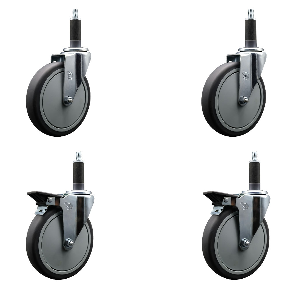 Thermoplastic Rubber Swivel Expanding Stem Caster Set of 4 with 6 Inch Gray Wheels and 1" Stems - Includes 2 with Posi Locking Brakes - 1200 lbs Total Capacity - Service Caster Brand — photo 1